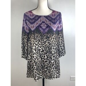 Chicos Womens Blouse 0 Small Hombre Animal Print Purple Long Sleeve